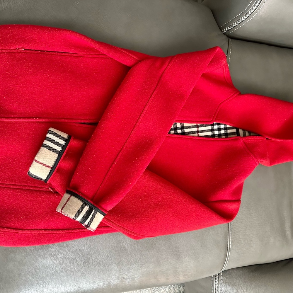 Burberry Red Trench Coat with Plaid Trim